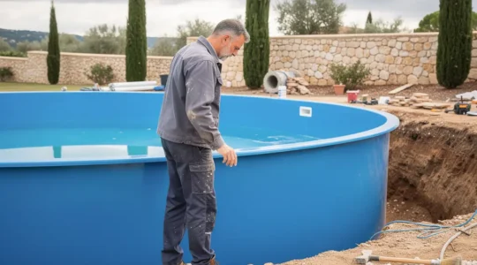 Technicien inspectant une piscine coque posée dans un jardin méditerranéen du Gard