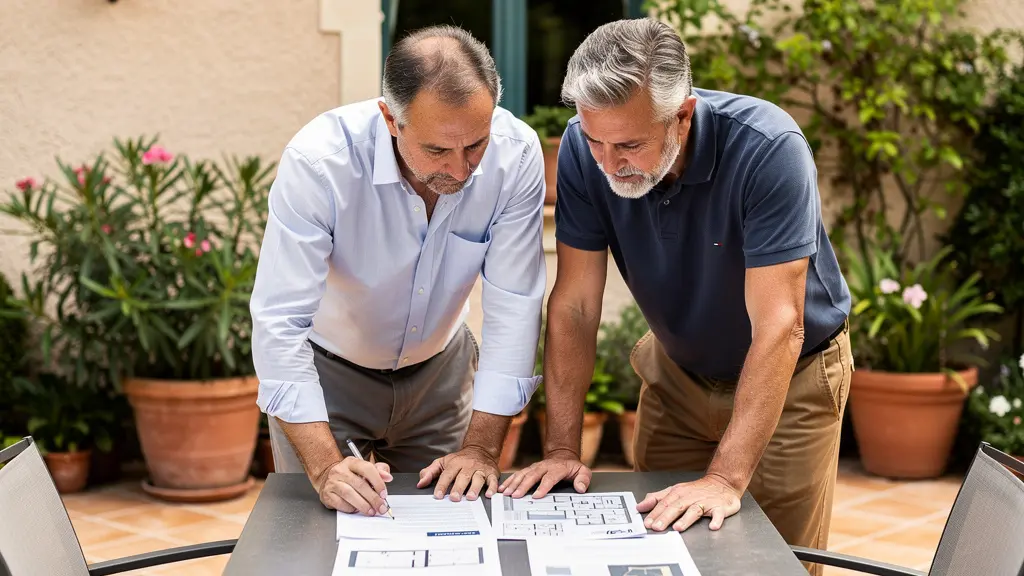 Propriétaire et pisciniste discutant d'un devis sur une terrasse de jardin