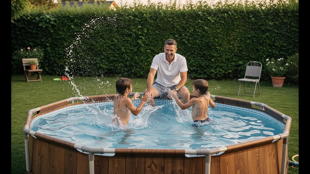 Famille profitant d'une piscine acier hors-sol aspect bois dans un jardin résidentiel français