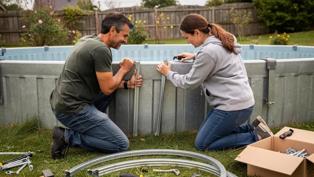 Deux adultes assemblant les parois d'une piscine acier hors-sol dans un jardin