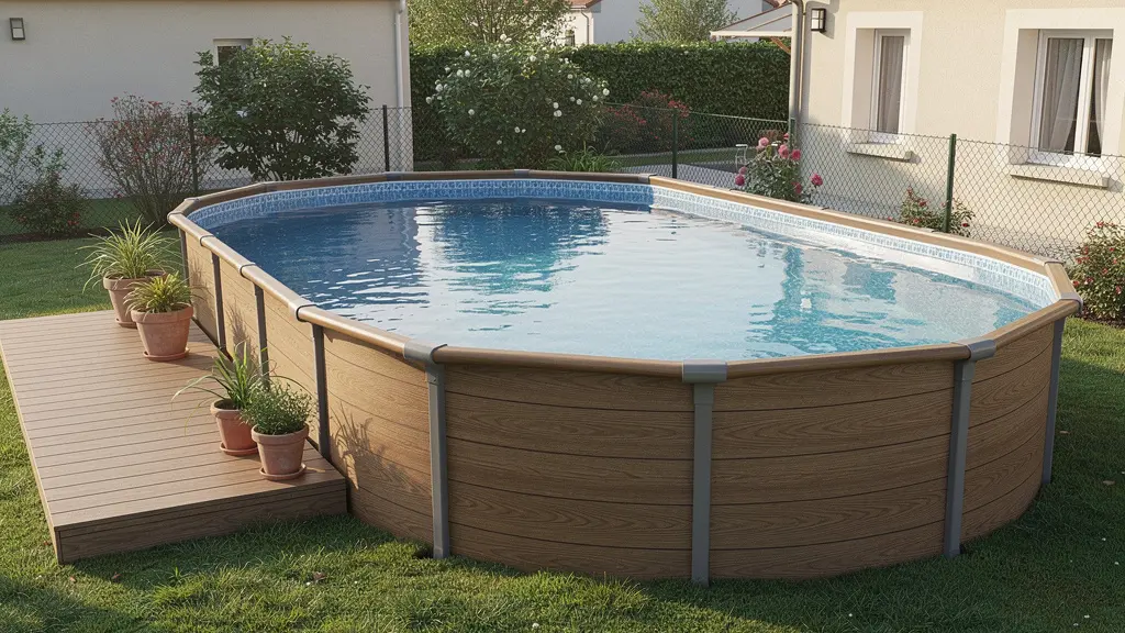 Piscine acier ovale avec finition aspect bois installée dans un petit jardin français avec terrasse