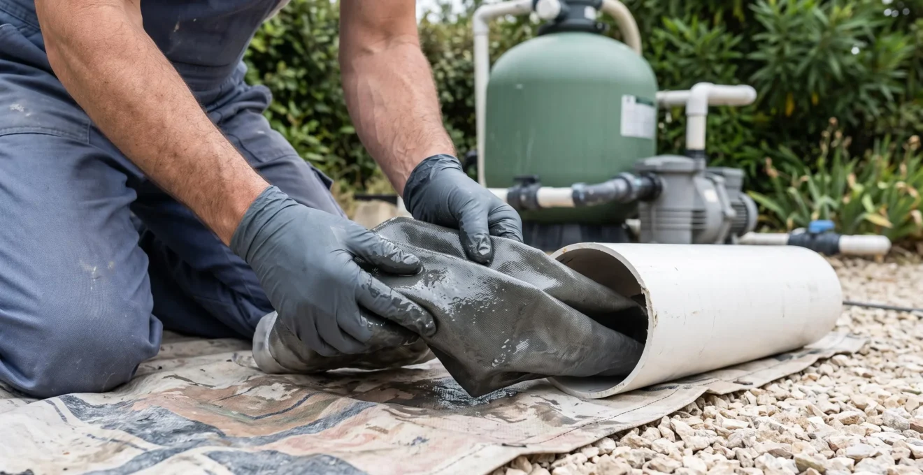 Les mains gantées d'un technicien préparent un manchon imprégné de résine destiné au chemisage d'une canalisation de piscine.