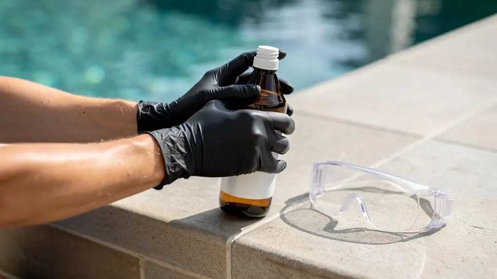 Mains protégées par des gants manipulant une bouteille de peroxyde d'hydrogène avec des lunettes de sécurité à proximité au bord d'une piscine