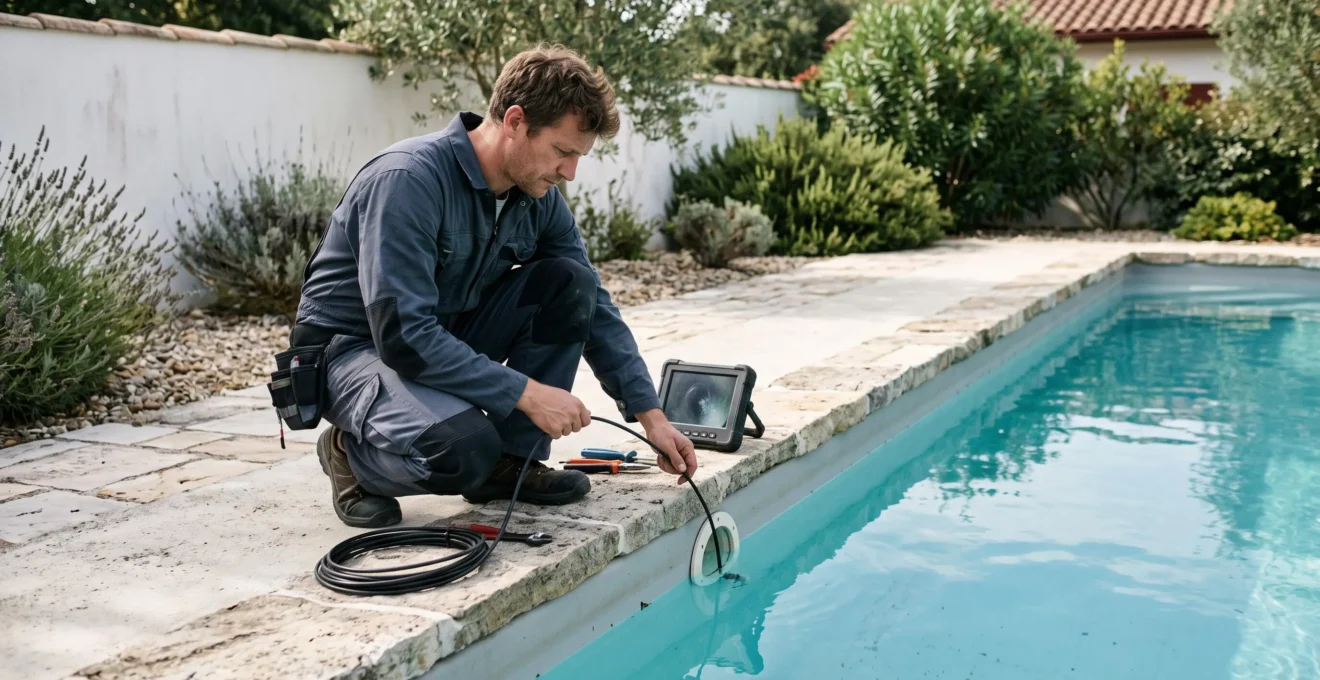 Un technicien inspecte une buse de canalisation au bord d'une piscine à Biarritz à l'aide d'une caméra d'inspection.