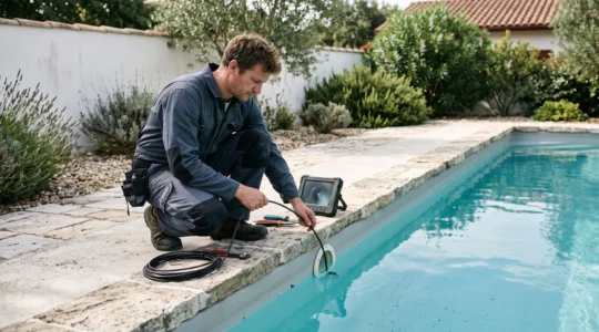 Un technicien inspecte une buse de canalisation au bord d'une piscine à Biarritz à l'aide d'une caméra d'inspection.